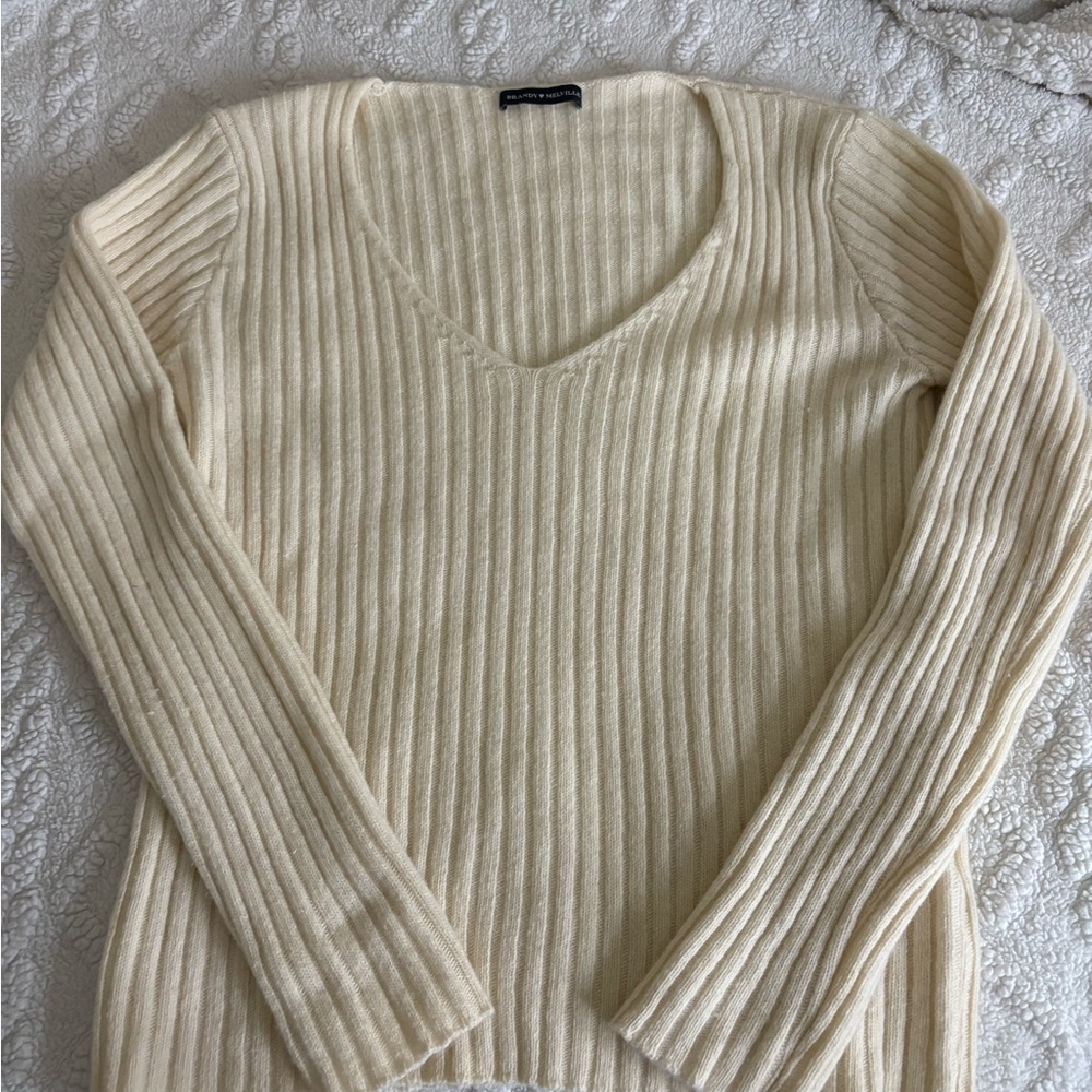 Brandy Melville Cream Ribbed V-Neck Sweater